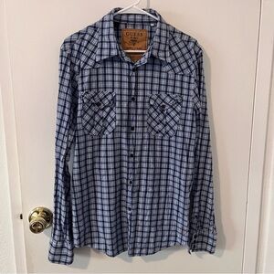 Guess Men’s Plaid Casual Button Down Shirt Western Long Sleeve Blue L